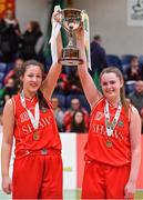 25 January 2018; Scoil Chriost Rí co-captains Jasmine Burke, left, and Sarah Fleming lifts the cup after the Subway All-Ireland Schools U16A Girls Cup Final match between Crescent Comprehensive, Limerick, and Scoil Chriost Rí, Portlaoise, Laois, at the National Basketball Arena in Tallaght, Dublin. Photo by Brendan Moran/Sportsfile