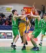 25 January 2018; Rapolas Buivydas of CBS The Green in action against Niall Morgan, left, and Denis Price of St Malachy's during the Subway All-Ireland Schools U16A Boys Cup Final match between St Mary's CBS The Green Tralee, Kerry, and St Malachy's, Belfast, Antrim, at the National Basketball Arena in Tallaght, Dublin. Photo by Brendan Moran/Sportsfile