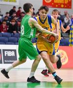 25 January 2018; Rapolas Buivydas of CBS The Green is tackled by Niall Morgan of St Malachy's during the Subway All-Ireland Schools U16A Boys Cup Final match between St Mary's CBS The Green Tralee, Kerry, and St Malachy's, Belfast, Antrim, at the National Basketball Arena in Tallaght, Dublin. Photo by Brendan Moran/Sportsfile