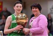 25 January 2018; St Malachy's captain and MVP Christopher Fulton is presented with the MVP by Basketball Ireland President Theresa Walsh after the Subway All-Ireland Schools U16A Boys Cup Final match between St Mary's CBS The Green Tralee, Kerry, and St Malachy's, Belfast, Antrim, at the National Basketball Arena in Tallaght, Dublin. Photo by Brendan Moran/Sportsfile