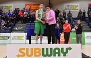25 January 2018; St Malachy's captain and MVP Christopher Fulton is presented with the cup by Basketball Ireland President Theresa Walsh after the Subway All-Ireland Schools U16A Boys Cup Final match between St Mary's CBS The Green Tralee, Kerry, and St Malachy's, Belfast, Antrim, at the National Basketball Arena in Tallaght, Dublin. Photo by Brendan Moran/Sportsfile