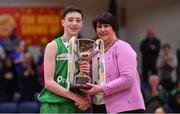 25 January 2018; St Malachy's captain and MVP Christopher Fulton is presented with the cup by Basketball Ireland President Theresa Walsh after the Subway All-Ireland Schools U16A Boys Cup Final match between St Mary's CBS The Green Tralee, Kerry, and St Malachy's, Belfast, Antrim, at the National Basketball Arena in Tallaght, Dublin. Photo by Brendan Moran/Sportsfile