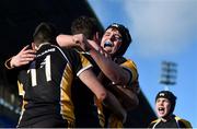 25 January 2018; Conor Martin of Patricians Newbridge is congratulated by team mates Aidan O'Brien, right, and Kyle O'Brien after he scored his side's winning try during the Pat Rossiter Cup Final match between Ballymakenny and Patricians Newbridge at Donnybrook Stadium in Dublin. Photo by David Fitzgerald/Sportsfile