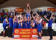 27 January 2018; Stuart Rodgers of Blue Demons lifting the cup after the Hula Hoops NICC Men’s National Cup Final match between Blue Demons and BC Leixlip Zalgiris at the National Basketball Arena in Tallaght, Dublin. Photo by Eóin Noonan/Sportsfile