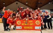 27 January 2018; The Black Amber Templeogue team celebrate with the cup after the Hula Hoops Pat Duffy National Cup Final match between UCD Marian and Black Amber Templeogue at the National Basketball Arena in Tallaght, Dublin. Photo by Brendan Moran/Sportsfile