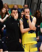 27 January 2018; UCD Marian head coach Ioannis Liapakis, left, and Barry Drumm of UCD Marian react towards the end of the game during the Hula Hoops Pat Duffy National Cup Final match between UCD Marian and Black Amber Templeogue at the National Basketball Arena in Tallaght, Dublin. Photo by Eóin Noonan/Sportsfile