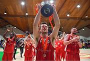 27 January 2018; Black Amber Templeogue captain Stephen James shows the cup to their supporters after the Hula Hoops Pat Duffy National Cup Final match between UCD Marian and Black Amber Templeogue at the National Basketball Arena in Tallaght, Dublin. Photo by Brendan Moran/Sportsfile