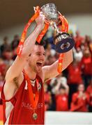 27 January 2018; Black Amber Templeogue captain Stephen James lifts the cup after the Hula Hoops Pat Duffy National Cup Final match between UCD Marian and Black Amber Templeogue at the National Basketball Arena in Tallaght, Dublin. Photo by Brendan Moran/Sportsfile