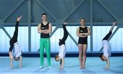 30 January 2018; Pictured are gymnasts Rhys McClenaghan and Meg Ryan, with from left, Caoimhe Ní Drisceoil, 10, James Condell 8, and Emma Martin, 10, of Excel Gymnastics, Celbridge, Co Kildare, at the announcement of Gymnastics Ireland three-year sponsorship deal with Nestlé Cereals at the National Indoor Arena, Blanchardstown. The sponsorship sees Nestlé Cereals become the official partner of Gymnastics Ireland, the national governing body for Gymnastics in Ireland with a membership of over 25,000 participants in 100 clubs across Irish communities nationwide. The Nestlé Cereals partnership will support Gymnastics Ireland in its on-going programme development which caters for all ages and levels of abilities. Photo by Sam Barnes/Sportsfile