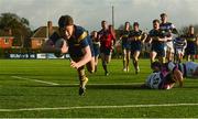 1 February 2018; Craig Adams of The King's Hospital scores his side's first try during the Bank of Ireland Leinster Schools Senior Cup Round 1 match between Clongowes Wood College and The King's Hospital at Clontarf RFC in Dublin. Photo by Piaras Ó Mídheach/Sportsfile