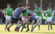 5 February 2018; Luke Hammond of Gonzaga College is tackled by Sean Casey and Alex Watson of Castleknock College during the Bank of Ireland Leinster Schools Junior Cup Round 1 match between Gonzaga College and Castleknock College at Clontarf RFC in Castle Avenue, Dublin. Photo by Matt Browne/Sportsfile