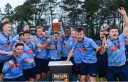 7 February 2018; UCD captain Gary O'Neill lifts the Collingwood Cup alongside his team-mates after the Rustlers IUFU Collingwood Cup Final match between QUB and UCD at Queen’s University in Belfast. Photo by Oliver McVeigh/Sportsfile