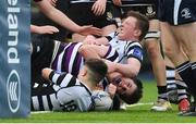 8 February 2018; Oisin Curran of Terenure College goes over to score his side's second try during the Bank of Ireland Leinster Schools Junior Cup Round 1 match between Cistercian College Roscrea and Terenure College at Donnybrook Stadium in Dublin. Photo by Eóin Noonan/Sportsfile