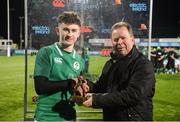 9 February 2018; James McCarthy of Ireland is presented with the Electric Ireland Player of the Match Award by Niall Dineen, Head of Commercial, Electric Ireland, after the Ireland v Italy U20 Six Nations Rugby Championship match at Donnybrook Stadium, in Dublin. Photo by Piaras Ó Mídheach/Sportsfile