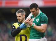 10 February 2018; Robbie Henshaw of Ireland leaves the field with team doctor Dr Ciarán Cosgrave during the Six Nations Rugby Championship match between Ireland and Italy at the Aviva Stadium in Dublin.Photo by David Fitzgerald/Sportsfile