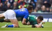 10 February 2018; Robbie Henshaw of Ireland scores his side's fifth try, while injurying himself in the process, during the Six Nations Rugby Championship match between Ireland and Italy at the Aviva Stadium in Dublin.Photo by David Fitzgerald/Sportsfile