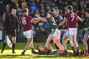 11 February 2018; Cillian O'Connor of Mayo clashes with Paul Conroy of Galway following an altercation with Aidan O'Shea as referee Anthony Nolan looks on during the Allianz Football League Division 1 Round 3 match between Galway and Mayo at Pearse Stadium in Galway. Photo by Diarmuid Greene/Sportsfile