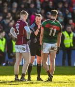 11 February 2018; Referee Anthony Nolan speaks to Sean Andy O'Ceallaigh of Galway and Aidan O'Shea of Mayo during the Allianz Football League Division 1 Round 3 match between Galway and Mayo at Pearse Stadium in Galway. Photo by Diarmuid Greene/Sportsfile