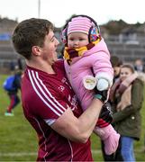 11 February 2018; Shane Walsh of Galway celebrates with his god-daughter Réaltín Walsh, age 9 months, from Clonberne, Co. Galway, after the Allianz Football League Division 1 Round 3 match between Galway and Mayo at Pearse Stadium in Galway. Photo by Diarmuid Greene/Sportsfile