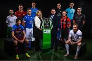 13 February 2018; In attendance during the SSE Airtricity League Launch 2018 are, Leanne Shiell, SSE Airtricty Sponsorship Specialist and John McGuinness, SSE Airticity League Marketing Executive,  with First Division Players, from left, Kieran Marty Waters of Cabinteely, Jake Hyland of Drogheda United, Jamie Doyle of Shelbourne, Aidan Friel of Finn Harps, Evan Osam of UCD, Ryan Gaffey of Athlone Town, Dean Zambra of Longford Town, Darren Murphy of Cobh Ramblers, Ryan Connolly of Galway United and Ross Kenny of Wexford. The launch took place at the Aviva Stadium in Dublin. Photo by Sam Barnes/Sportsfile