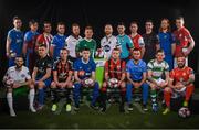 13 February 2018; In attendance during the SSE Airtricity League Launch 2018, are players from the Premier and First Divisons, back row from left, Eoin Wearen of Limerick, Jake Hyland of Drogheda United, Gavin Peers of Derry City, Aidan Friel of Finn Harps, Ryan Connolly of Galway United, Conor McCormack of Cork City, Stephen O'Donnell of Dundalk, Darren Murphy of Cobh Ramblers, Ian Bermingham of St Patrick's Athletic, Ross Kenny of Wexford, Hugh Douglas of Bray Wanderers, Jamie Doyle of Shelbourne. Front row, from left, Kieran Marty Waters of Cabinteely, Ryan Gaffey of Athlone Town, Derek Pender of Bohemians, John Martin of Waterford, Deam Zambra of Longford Town, Evan Osam of UCD, Trevor Clarke of Shamrock Rovers and Rafael Cretaro of Sligo Rovers. The launch took place at the Aviva Stadium in Dublin. Photo by Sam Barnes/Sportsfile
