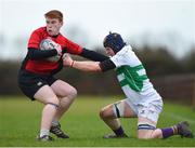 14 February 2018; Liam McEneaney of North East is tackled by Bryan Cullenton of South East during the Shane Horgan Cup 4th Round match between South East and North East at Ashbourne RFC in Ashbourne, Co Meath. Photo by David Fitzgerald/Sportsfile