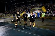 16 February 2018; Referee Robert Hennessy leads the teams out with his assistant referees Dermot Broughton and Michelle O'Neill during the SSE Airtricity League Premier Division match between Waterford FC and Derry City at the RSC in Waterford. Photo by Diarmuid Greene/Sportsfile