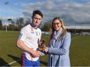 17 February 2018; Lynne D'Arcy, Sponsorship, Electric Ireland, proud sponsor of the Electric Ireland GAA Higher Education Championships, presenting Liam Carey from Mary Immaculate College Limerick with the Man of the Match award for his outstanding performance in the Electric Ireland Trench Cup Final between Waterford Institute of Technology and Mary Immaculate College Limerick at Santry Avenue in Dublin. The unique quality of the Electric Ireland Higher Education Championships sees these players putting their intercounty and club rivalries aside to strive to achieve Electric Ireland Trench Cup glory. Electric Ireland has been shining a light on these First Class Rivals as proud sponsor of the college level competitions for the next four years. Photo by Daire Brennan/Sportsfile