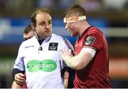 17 February 2018; Jack O’Donoghue of Munster talks to Referee Stuart Berry during the Guinness PRO14 Round 15 match between Cardiff Blues and Munster at Cardiff Arms Park in Cardiff. Photo by Ben Evans/Sportsfile