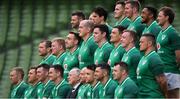 23 February 2018; The Ireland squad, back row, from left, Fergus McFadden, Sean Cronin, Joey Carbery, Jacob Stockdale, Chris Farrell Bundee Aki, and Kieran Marmion with, centre row, from left, Jack McGrath, John Ryan, Jack Conan, Devin Toner, James Ryan, Quinn Roux, Dan Leavy and Andrew Porter and, front row, from left, Keith Earls, CJ Stander, Peter O'Mahony, Jonathan Sexton, IRFU president Phil Orr, captain Rory Best, Conor Murray, Rob Kearney and Cian Healy as they sit for their team photo during the Ireland Rugby captain's run at the Aviva Stadium in Dublin. Photo by Brendan Moran/Sportsfile