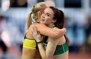 21 February 2018; Elizabeth Morland of Ireland, right, with Sarah Lavin of Ireland after the Women's 60m hurdles during AIT International Athletics Grand Prix at the AIT International Arena, in Athlone, Co. Westmeath. Photo by Brendan Moran/Sportsfile
