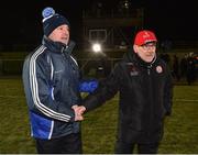 24 February 2018; Monaghan Manager Malachy O'Rourke and Tyrone Manager Mickey Harte exchange handshakes after the Allianz Football League Division 1 Round 4 match between Monaghan and Tyrone at St Mary's Park in Castleblayney, Monaghan. Photo by Oliver McVeigh/Sportsfile