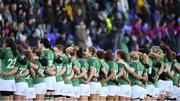 25 February 2018; Ireland players stand for the national anthem prior to the Women's Six Nations Rugby Championship match between Ireland and Wales at Donnybrook Stadium in Dublin. Photo by David Fitzgerald/Sportsfile