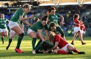 25 February 2018; Hannah Tyrrell of Ireland is congratulated by team mates after scoring her side's fourth try during the Women's Six Nations Rugby Championship match between Ireland and Wales at Donnybrook Stadium in Dublin. Photo by David Fitzgerald/Sportsfile