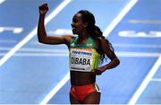 1 March 2018; Genzebe Dibaba of Ethiopia celebrates after winning the Women's 3000m Final on Day One of the IAAF World Indoor Championships at the Birmingham Arena in England. Photo by Sam Barnes/Sportsfile