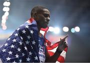 3 March 2018; Christian Coleman of USA celebrates after winning the Men's 60m Final on Day Three of the IAAF World Indoor Championships at the Birmingham Arena in Birmingham, England. Photo by Sam Barnes/Sportsfile