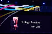 4 March 2018; A tribute to the late Sir Roger Bannister displays on the big screen during day four of the IAAF World Indoor Championships at the Birmingham Arena in Birmingham, England. Photo by Sam Barnes/Sportsfile