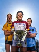 7 March 2018; In attendance at the Gourmet Food Parlour HEC O’Connor Cup Colleges Finals Captains Day are Laurie Ryan of UL, centre, Nicole Ward of UCD, right, and Aishling Moloney of DCU with the O'Connor Cup at the Gourmet Food Parlour in Northwood, Santry, Dublin. Photo by David Fitzgerald/Sportsfile