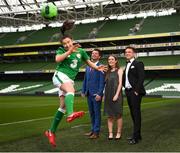 9 March 2018: Republic of Ireland Women's National Team manager Colin Bell with Tiegan Ruddy, Republic of Ireland Under 17 Women's International Player of the Year nominee, left, Lucy McCartan, Republic of Ireland Under 19 Women's International Player of the Year nominee, and Aidan Roche, Intermediate Player of the Year nominee, right, in attendance at the launch of the Three FAI International Awards at the Aviva Stadium in Dublin. Photo by Stephen McCarthy/Sportsfile