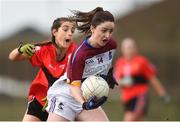 10 March 2018; Eimear Scally of UL in action against Eimear Meaney of UCC during the Gourmet Food Parlour HEC O'Connor Cup semi-final match between University of Limerick and University College Cork at IT Blanchardstown in Blanchardstown, Dublin. Photo by Piaras Ó Mídheach/Sportsfile