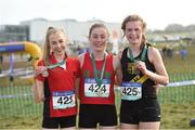 10 March 2018; Sarah Healy, centre, of Holy Child Killiney, Co Dublin, after winning the senior girls 2500m with second place Abbie Taylor, left, of Wesley College Dublin and third place Niamh Ni Chiardha, right, of Colaiste Losagain Dublin during the Irish Life Health All Ireland Schools Cross Country at Waterford IT in Waterford. Photo by Matt Browne/Sportsfile
