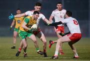 10 March 2018; Mark McHugh of Donegal in action against Pádraig Hampsey and Colm Cavanagh of Tyrone match between Tyrone and Donegal at Healy Park in Omagh, Co Tyrone. Photo by Oliver McVeigh/Sportsfile