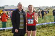 10 March 2018; President of the Irish Schools Billy Delaney with Sarah Healy of Holy Child Killiney, Co. Dublin, after she won the senior girls 2500m during the Irish Life Health All Ireland Schools Cross Country at Waterford IT in Waterford. Photo by Matt Browne/Sportsfile