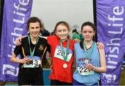 10 March 2018; Sophie Quinn of Mount Sackville, Co Dublin, after winning the minor girls 2000m with third place Christin Ni Mhoran, left, of Coláiste Íosagáin Co Laois and second place Amy Geoghegan, right, of Mercy Secondary School Co Weastmeath during the Irish Life Health All Ireland Schools Cross Country at Waterford IT in Waterford. Photo by Matt Browne/Sportsfile