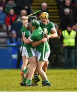 11 March 2018; Colin Ryan, Sean Finn, and Dan Morrissey of Limerick celebrate at the final whistle after the Allianz Hurling League Division 1B Round 5 match between Galway and Limerick at Pearse Stadium in Galway. Photo by Diarmuid Greene/Sportsfile