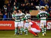 16 March 2018; Ethan Boyle of Shamrock Rovers celebrates with team mates after his cross is deflected in for his side's first goal during the SSE Airtricity League Premier Division match between Shamrock Rovers and St Patrick's Athletic at Tallaght Stadium in Tallaght, Dublin. Photo by Eóin Noonan/Sportsfile