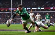 17 March 2018; Jacob Stockdale of Ireland dives over to score his side's third try during the NatWest Six Nations Rugby Championship match between England and Ireland at Twickenham Stadium in London, England. Photo by Ramsey Cardy/Sportsfile