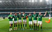 17 March 2018; Ireland players, from left, Conor Murray, Bundee Aki, Garry Ringrose, Jonathan Sexton, Jordi Murphy, James Ryan and Dan Leavy celebrate following the NatWest Six Nations Rugby Championship match between England and Ireland at Twickenham Stadium in London, England. Photo by Ramsey Cardy/Sportsfile