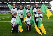 17 March 2018: AIB flagbearers, back row, from left, Tommy Dempsey, age 12, Mia O'Callaghan, age 9, Killian Joyce, age 10, Eilish Horan, age 11, front row, Cathal Burke, age 8, Amy Jordan, age 10, and Evan O'Sullivan, age 8, who all won an AIB flag bearer competition to wave on Corofin at the AIB Senior Football Club Championship Final between Corofin and Nemo Rangers at Croke Park on St. Patrick's Day. For exclusive content and behind the scenes action of the AIB GAA & Camogie Club Championships follow AIB GAA on Facebook, Twitter, Instagram and Snapchat and www.aib.ie/gaa. Photo by Stephen McCarthy/Sportsfile