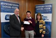 17 March 2018: Brian Cahill of Belmont GAA, Offaly and his wife Patricia Cahill, receive the fifth prize, All Ireland hurling and football premium package, from Uachtarán Chumann Lúthchleas Gael John Horan during the presentation of prizes to the winners of the GAA National Club Draw at Croke Park in Dublin. Photo by Eóin Noonan/Sportsfile